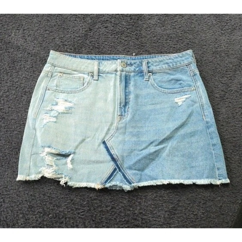 New $68 American Eagle Distressed Light Denim 5 Pkt Frayed Jean Skirt 10 32x15